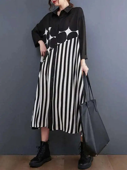 🍒Black polka dot a-line dress plus size Asymmetry shirt dress midi women's long sleeve summer outfits fashion smart casual Get An Angle On A- Triangle
