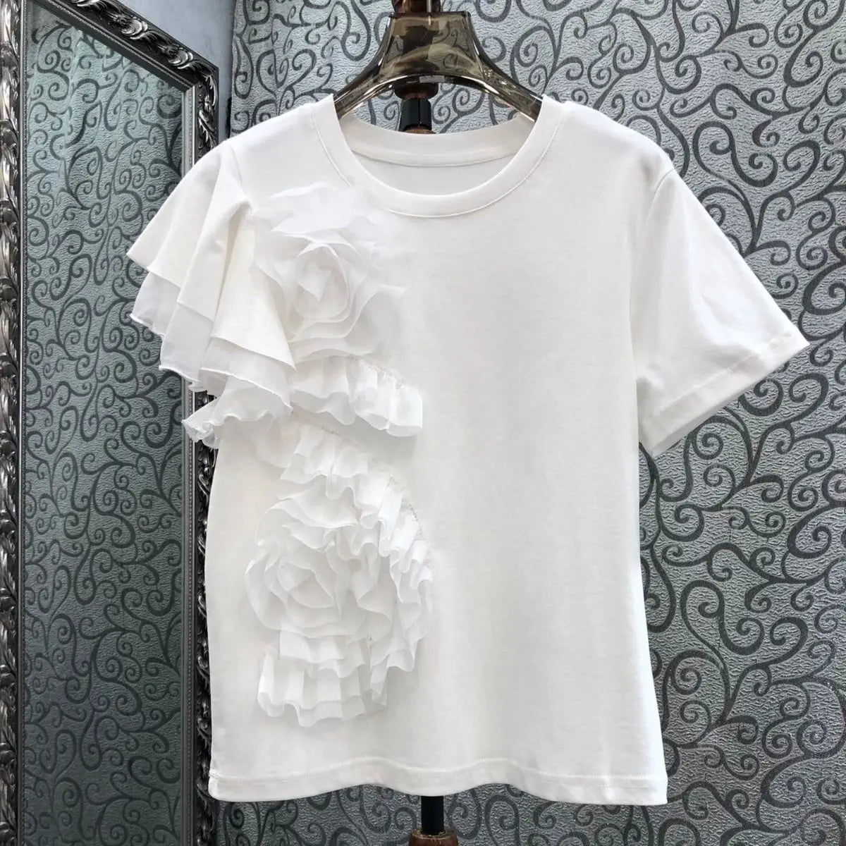 🍒3D flower top with ruffles  round neck short sleeved t-shirt smart casual party wear for women Time For A Rosy Lee Te'