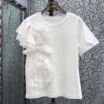 🍒3D flower top with ruffles  round neck short sleeved t-shirt smart casual party wear for women Time For A Rosy Lee Te'