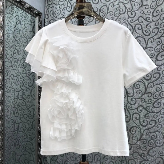🍒3D flower top with ruffles  round neck short sleeved t-shirt smart casual party wear for women Time For A Rosy Lee Te'