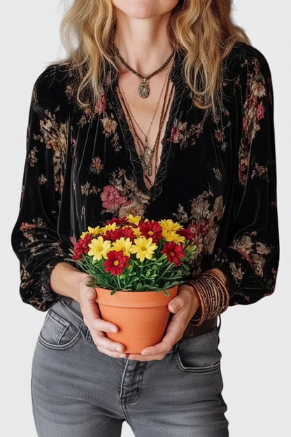 🍒Velvet printed top retro pullover top women's vintage blouse v-neck black long sleeved shirt women gold vacation clothing  Pick This Soft Velvet Rose