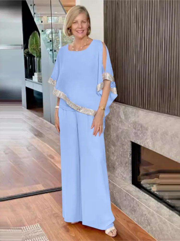 🍒Two-piece suit o-neck top and pants set for women summer fashion sequin bat wing top wide leg trousers occasion party wear Get Hold Of A Cold Shoulder And Warm Your Heart