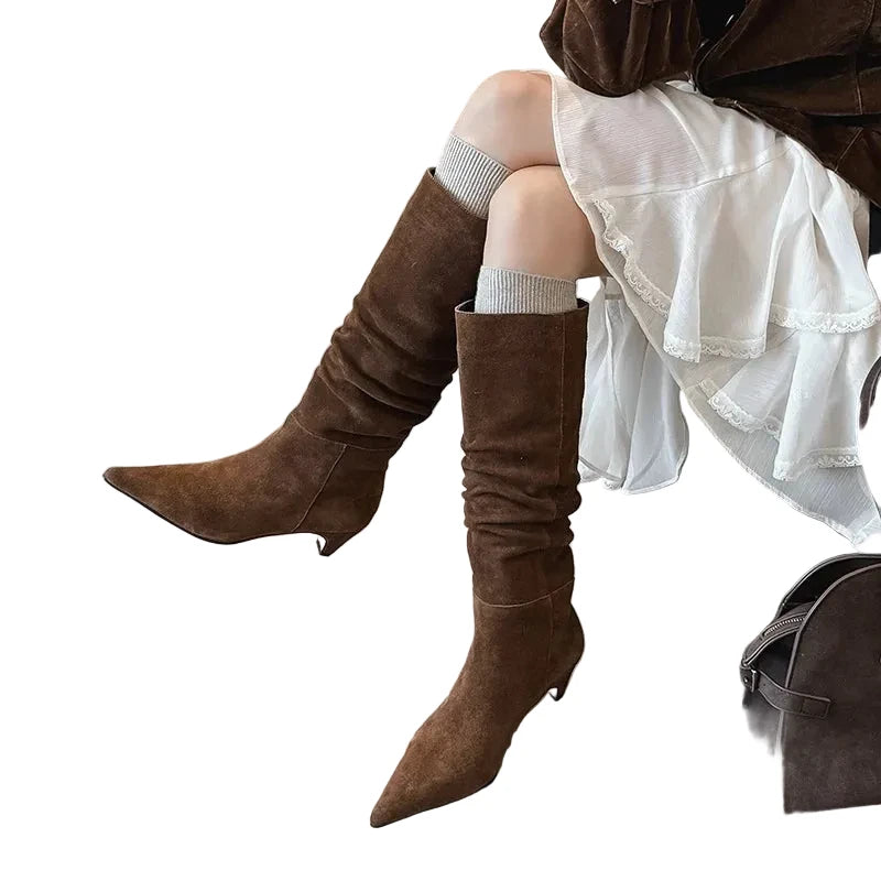 🍒Autumn winter womens footwear cow suede leather heeled boots pointed toe high heel slip-on knee high western footwear No Per-SUEDEing Neccessary