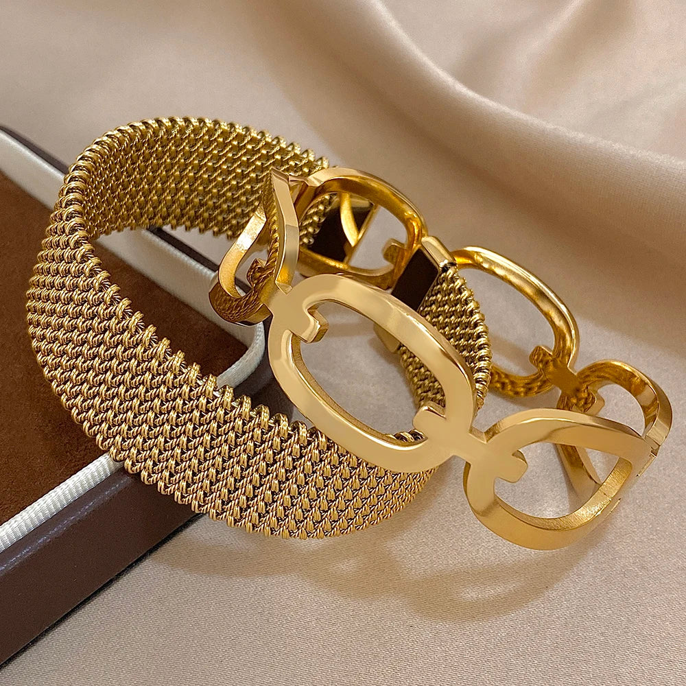 🍒Vintage Y2K stainless steel cuff bracelet wide weave open cuff bangle bracelet for women hollow waterproof stackable occasion jewellery for party smart casual jewellery gift Send A MESH -age