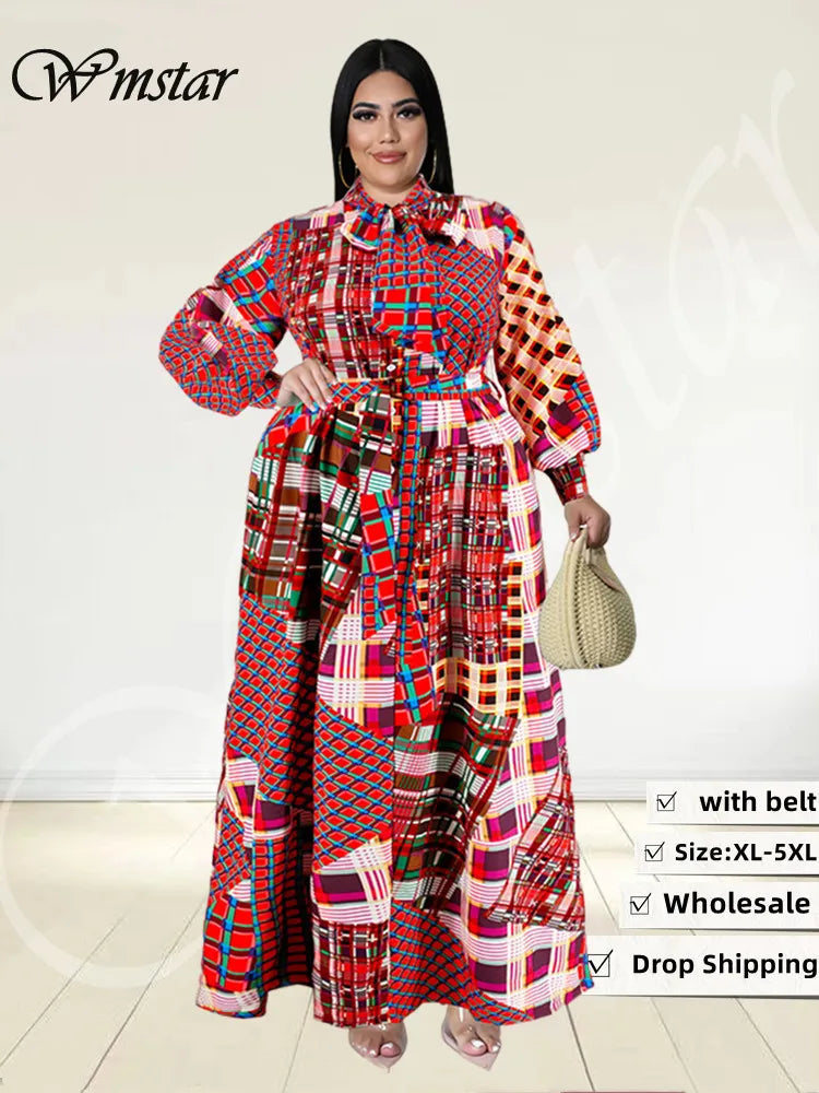 🍒Plus size vintage long sleeve dress print womens clothing fall dresses with belt loose maxi outfit long fashion smart casual women Mix Up Fashion