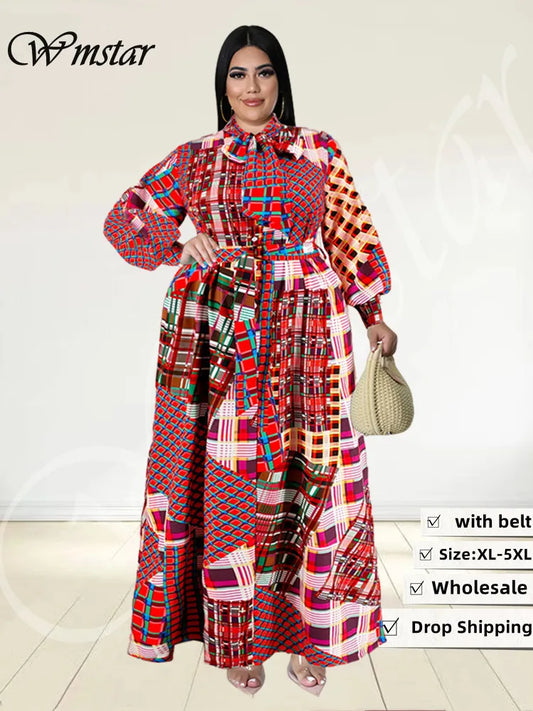 🍒Plus size vintage long sleeve dress print womens clothing fall dresses with belt loose maxi outfit long fashion smart casual women Mix Up Fashion