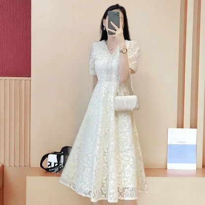🍒Dress special occasion outfits women midi frock in white colour lace one-piece elegant chic  summer fashion plus size clothing