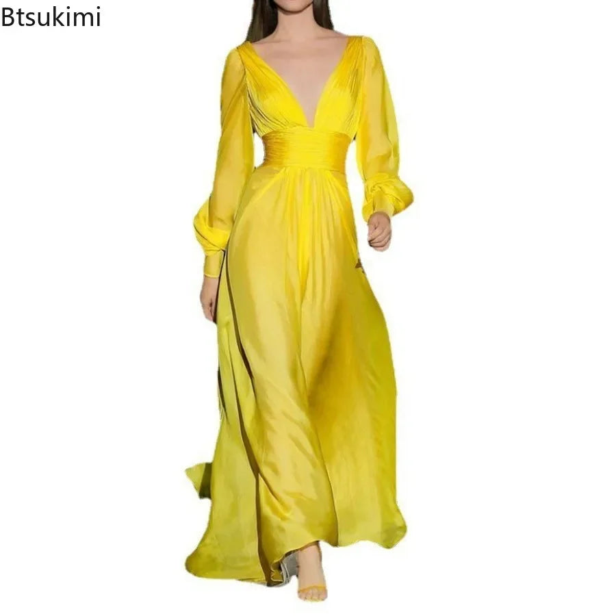 🍒Women's party dress elegant engagement evening party dresses v-neck long sleeve floor length outfit with long sleeves and ruched pleats chiffon occasion fashion wear This Strawberry And Lemon Will Grow To Be Your Favourites