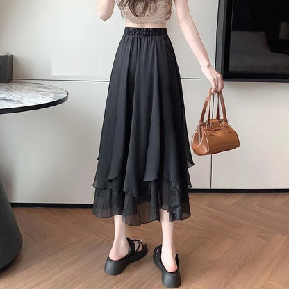 🍒Midi long skirt elastic waist ladies spring summer womens fashion  a-line clothing Female chiffon skirt outfit smart casual clothing party occasion wear Lavish In Layers
