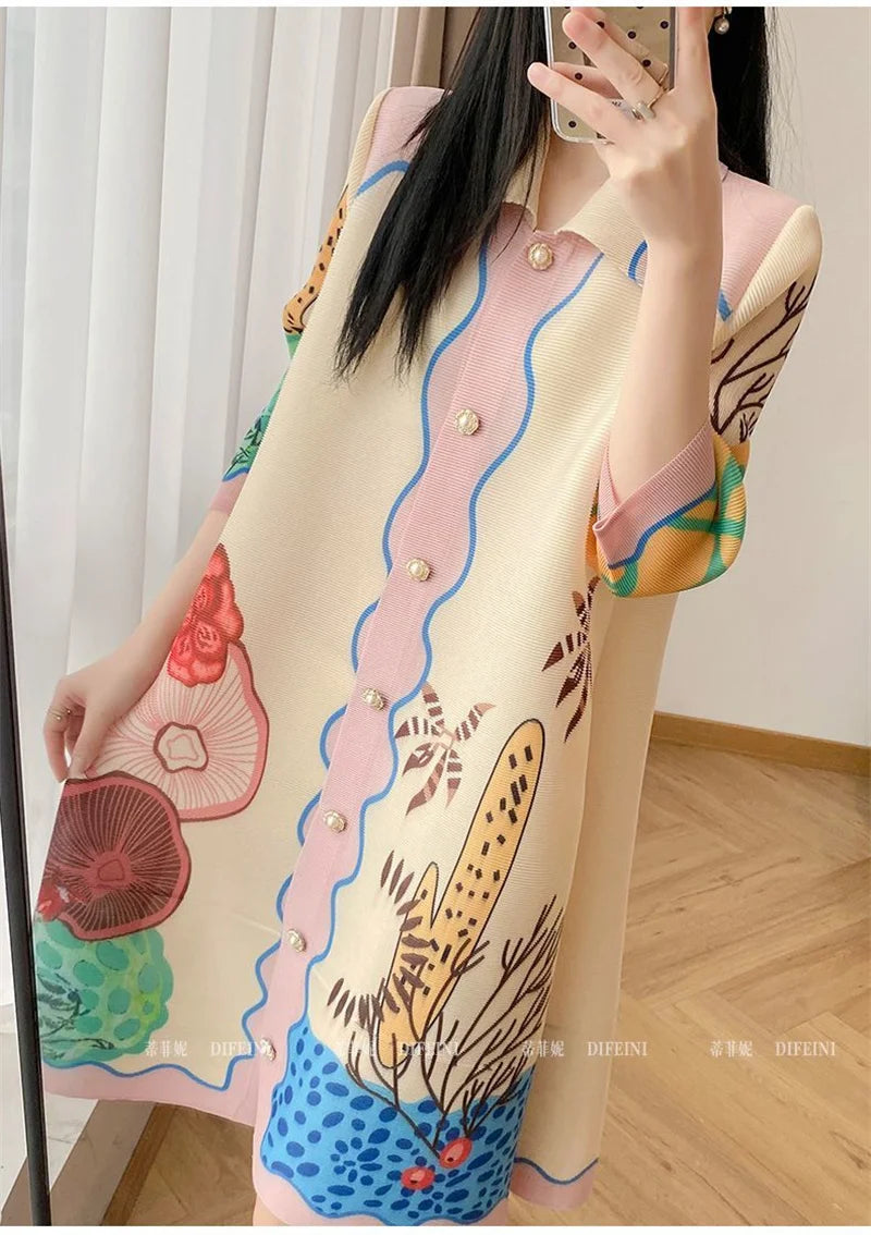 🍒Fashion dress shirt style for women smart casual wear midi clothing beautiful print designer a-line outfits loose summer wear Button Up In A Shirt Dress