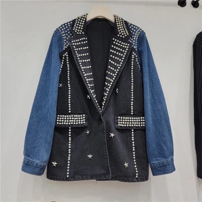 🍒Y2K vintage denim jacket stylish craft studded diamond studded coat single button mixed media clothing contrast colour patchwork jeans wear smart casual women  Denim Designer Diamond Delight