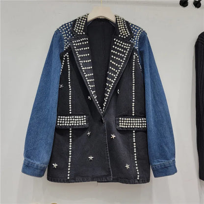 🍒Y2K vintage denim jacket stylish craft studded diamond studded coat single button mixed media clothing contrast colour patchwork jeans wear smart casual women  Denim Designer Diamond Delight