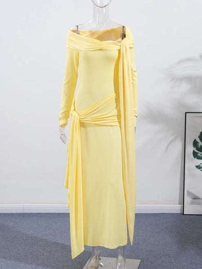 🍒Solid pleated off shoulder maxi dress elegant summer clothes women long sleeve party dress chic occasion wear Get Sun Drenched