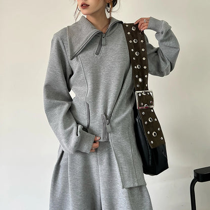 🍒 Solid two piece set smart casual clothing for women cool chic high neck jacket long sleeve zipper top and high waist wide leg pants set female fashion wears Fun Fashion flares