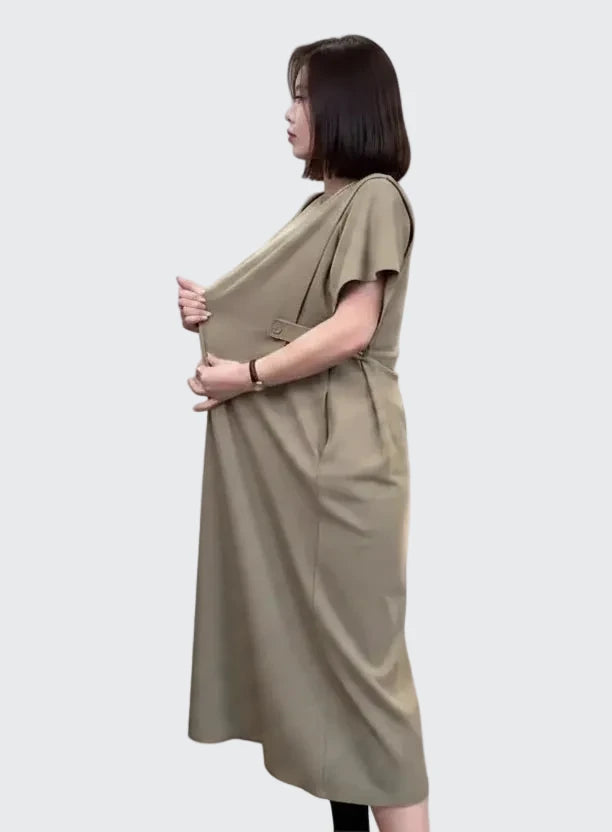 🍒Relaxed fit women’s dress with side pockets lazy style short sleeve outfit for summer loose slimming round neck dress with pockets and button waist tabs a-line plus size fashion  Longline Loosy Love