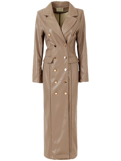 🍒Extra long faux leather trench coat for women double breasted luxury elegant long smart casual pu outerwear Keep aBREAST of DOUBLE take clothing