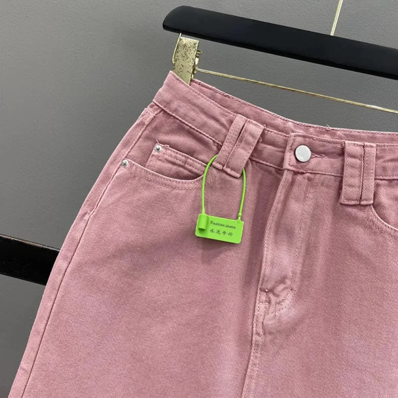 🍒High-waisted denim skirt pink colour a-line fashion skirt with back split midi fashion womens casual clothing denim wear       Pink Shade Of Blue Who Knew