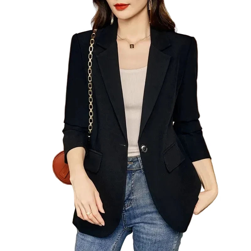 🍒Womens slim blazer spring autumn long sleeve chic office clothing notched lapel solid suit jacket female smart casual clothes  Button Up On style