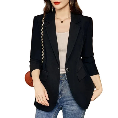 🍒Womens slim blazer spring autumn long sleeve chic office clothing notched lapel solid suit jacket female smart casual clothes  Button Up On style