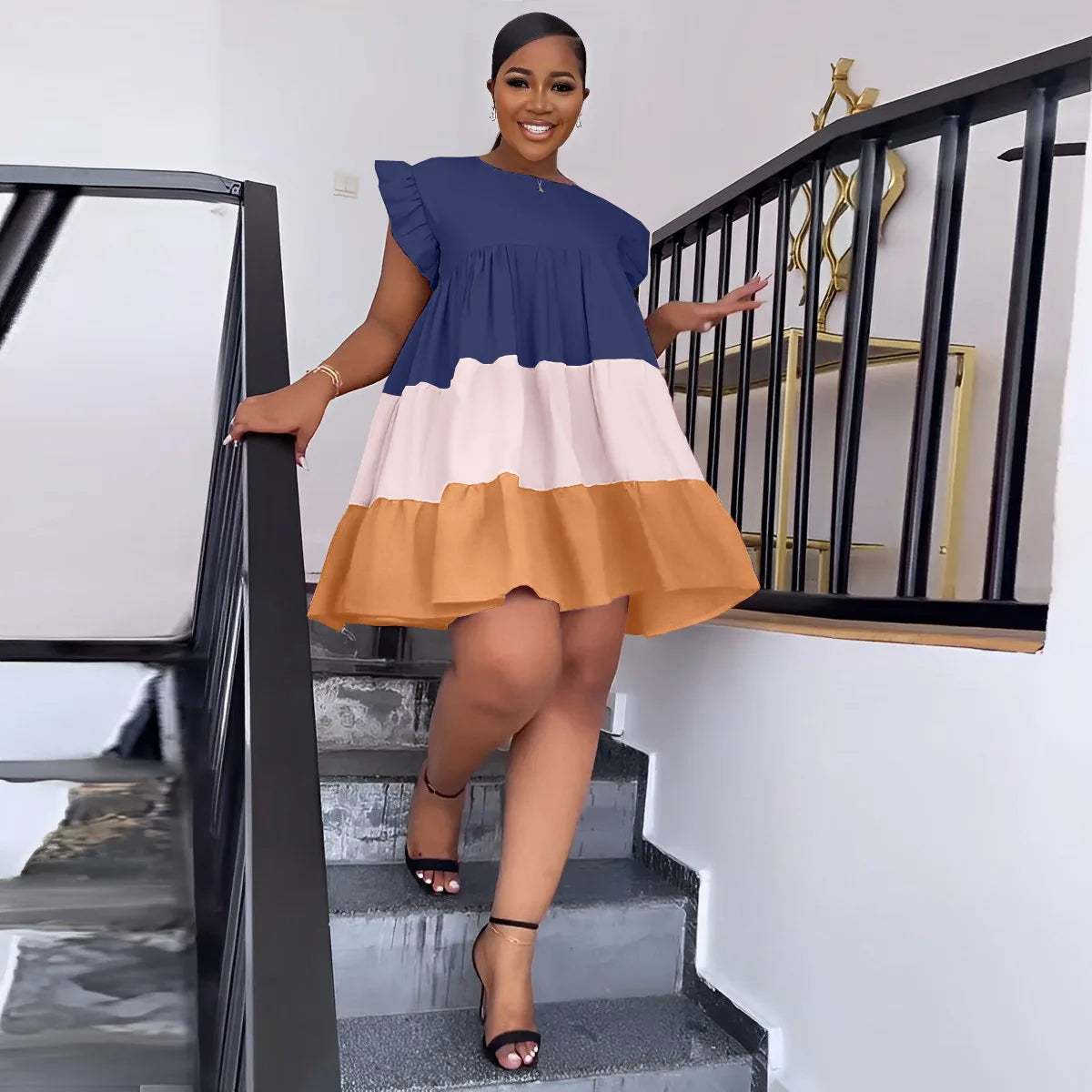 🍒Patchwork ruffle dress short sleeve big swing smock babydoll dress wide stripe chic fashion dresses Get Smitten With A Smock