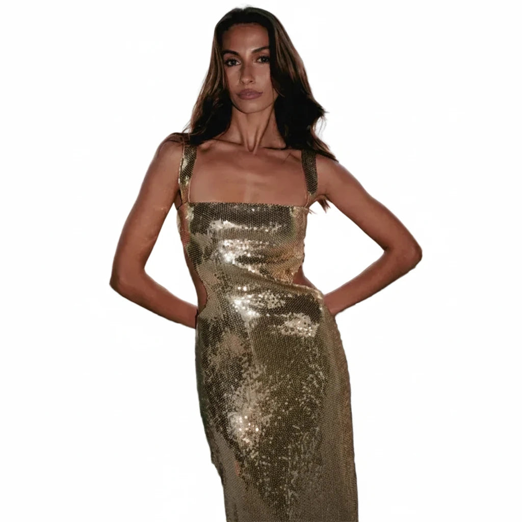 🍒Square neck maxi dress long women sleeveless backless outfit  sequin smart casual women ladies Party wear occasion clothing Show Off Shiny