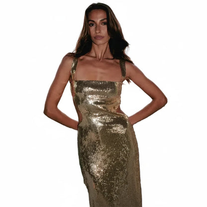 🍒Square neck maxi dress long women sleeveless backless outfit  sequin smart casual women ladies Party wear occasion clothing Show Off Shiny