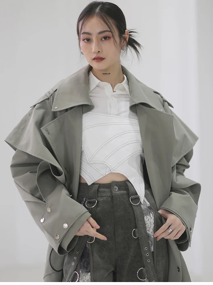 🍒Long oversized trench coat elegant ruffled outerwear for women double breasted luxury designer overcoat runway fashion  Trendy Travel Trench Classic Comfort