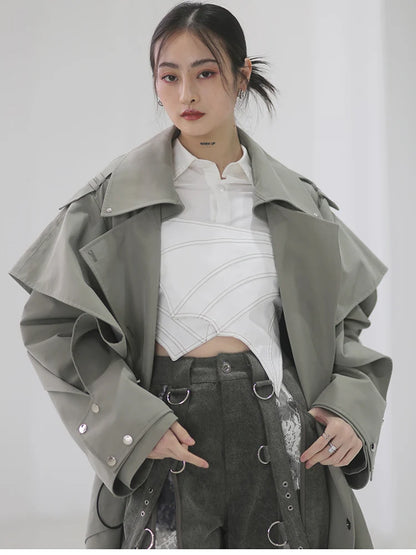 🍒Long oversized trench coat elegant ruffled outerwear for women double breasted luxury designer overcoat runway fashion  Trendy Travel Trench Classic Comfort