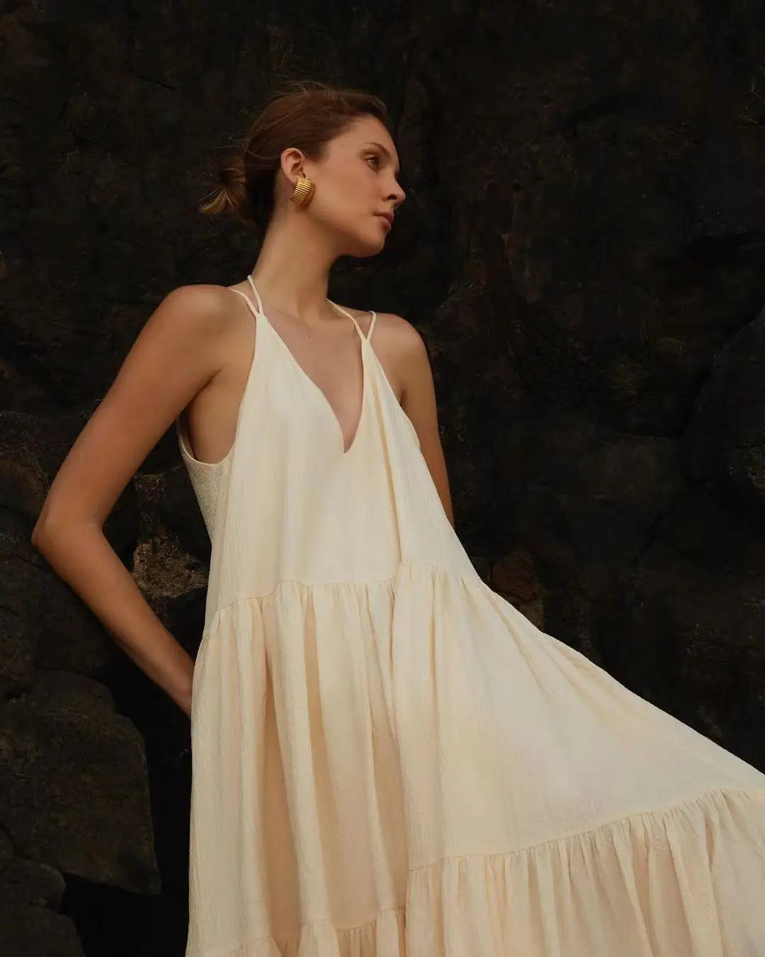 🍒Womens casual long dresses spring double v neck backless summer dress loose sling outfit beach wear holiday wear maxi fashion Fashionably Fancy