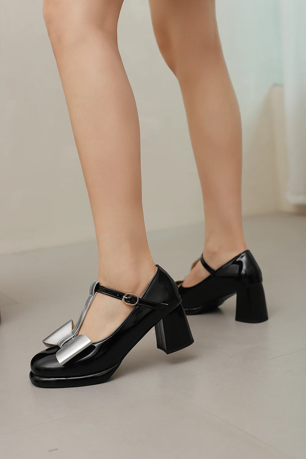 🍒T strap high heels round toe pumps women low platform shoes plus size available bow footwear for party wear wedding t-bar for special occasions Footwear With A Bow On IT