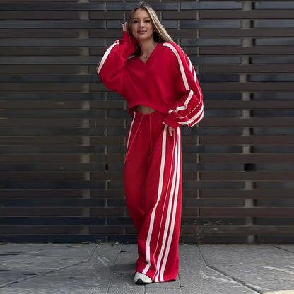 🍒Women two piece pant sets stripe sleeve sweatshirt loose v-neck top and wide stripe leg trousers sporty crop top tracksuit summer autumn wide leg pants with drawstring waist Sport A cheerful Cherri