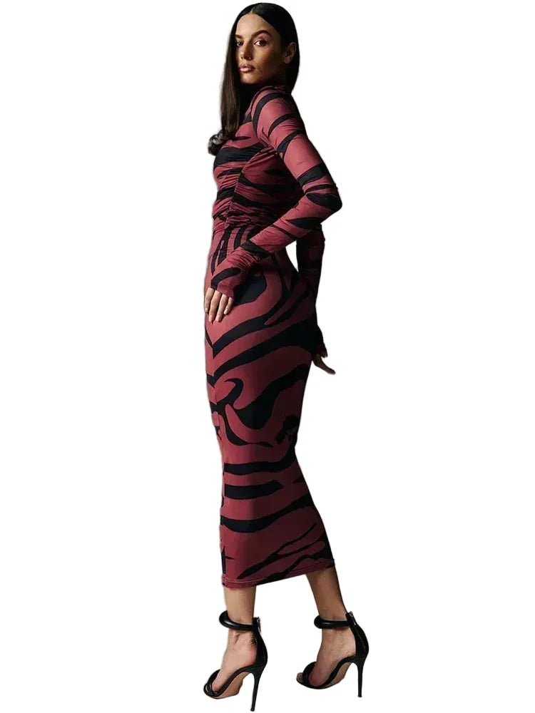 🍒Red striped long dress womens bodycon turtle neck zebra print mesh outfit clubwear party occasion wear clothing                       Catwalk Your Tiger