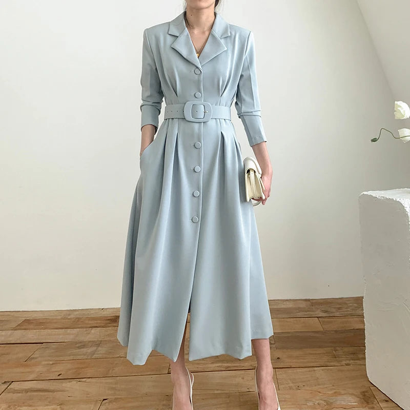 🍒Style blazer dress long sleeve single breasted clothes women light wind coat temperament slim waist long belt outfit Lovely Lapel Look