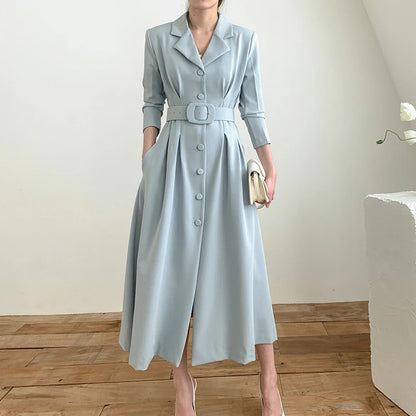🍒Style blazer dress long sleeve single breasted clothes women light wind coat temperament slim waist long belt outfit Lovely Lapel Look