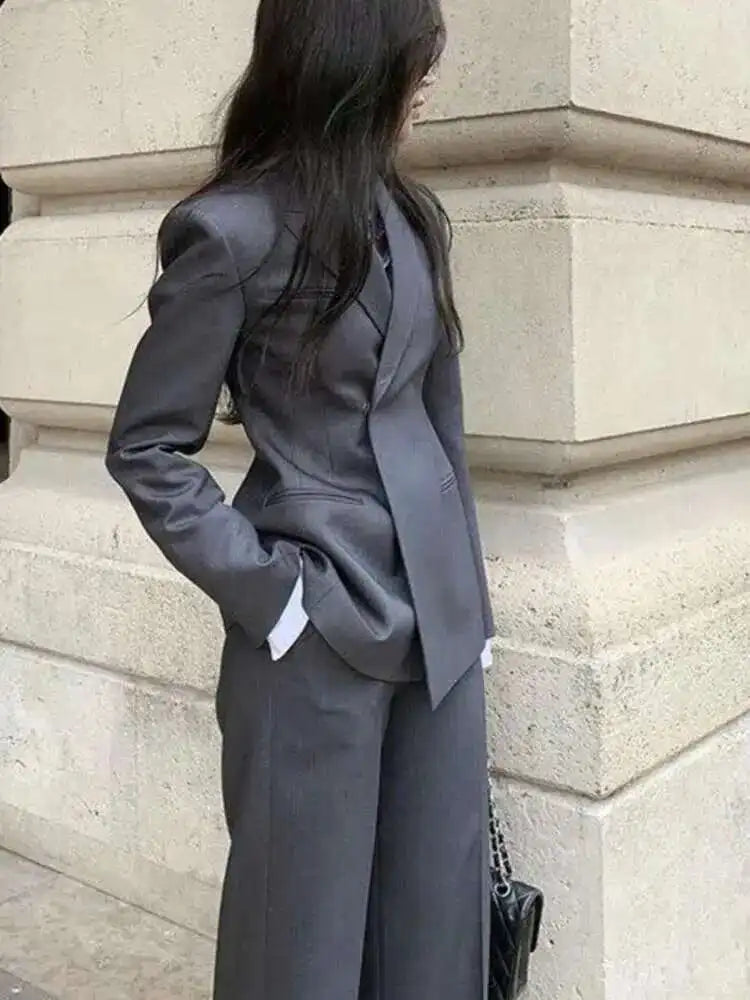 🍒Suit for women high quality Professional gray suit Jacket and Wide leg pants two piece smart set fashion wear