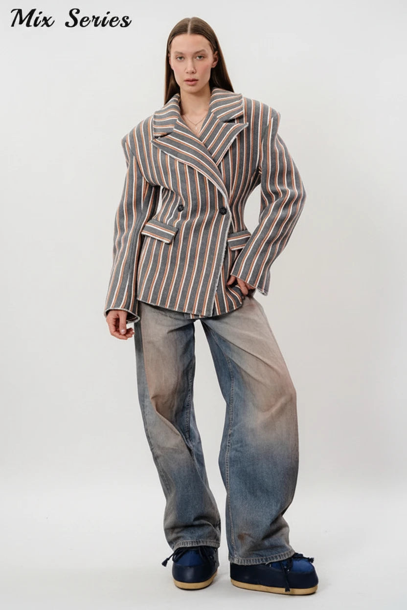 🍒Striped print blazer women's full Sleeve jacket with notched lapel collar double breasted spring coat fashion wear office clothing   Look Chocolate In Orange
