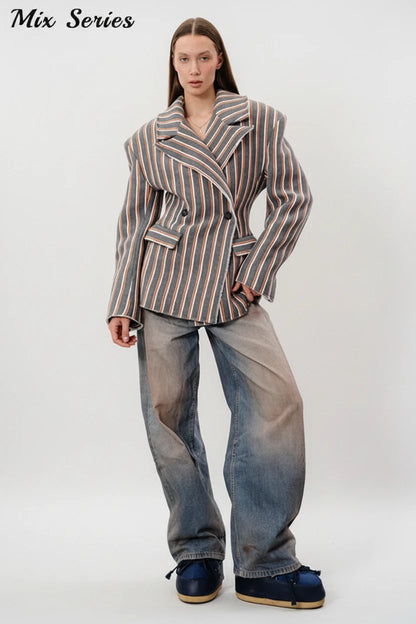 🍒Striped print blazer women's full Sleeve jacket with notched lapel collar double breasted spring coat fashion wear office clothing   Look Chocolate In Orange