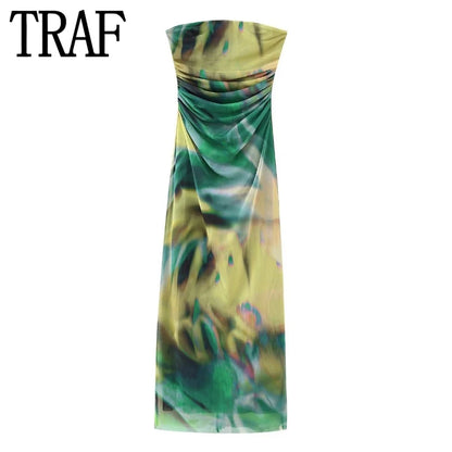 🍒Shoulderless corset dress long printed outfit for women ruched midi summer dress mesh bodycon fill Up On Full flower Fashion