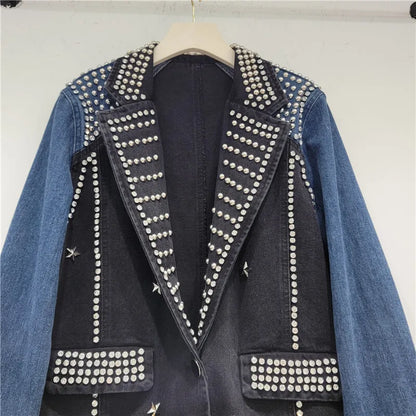 🍒Y2K vintage denim jacket stylish craft studded diamond studded coat single button mixed media clothing contrast colour patchwork jeans wear smart casual women  Denim Designer Diamond Delight