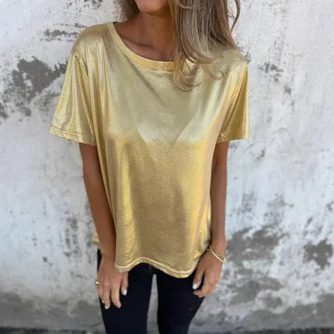 🍒Metalic loose top shiny short sleeve tee womens special occasion tops gold t-shirt o-neck fashion smart casual ladies clothes  Top 'Talic Tee