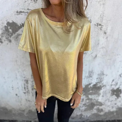 🍒Metalic loose top shiny short sleeve tee womens special occasion tops gold t-shirt o-neck fashion smart casual ladies clothes  Top 'Talic Tee
