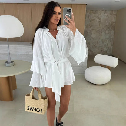 🍒Elegant fold dress women brown deep v-neck long sleeve mini dress female spring summer loose fashion clothes party occasion wear Blouse Up In  a Dress