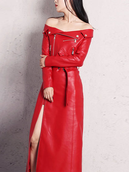 🍒Leather long dresses with side split for women slash neck red black pu outfit long sleeve shoulderless for occasions party wear club wear REDiculously Cool