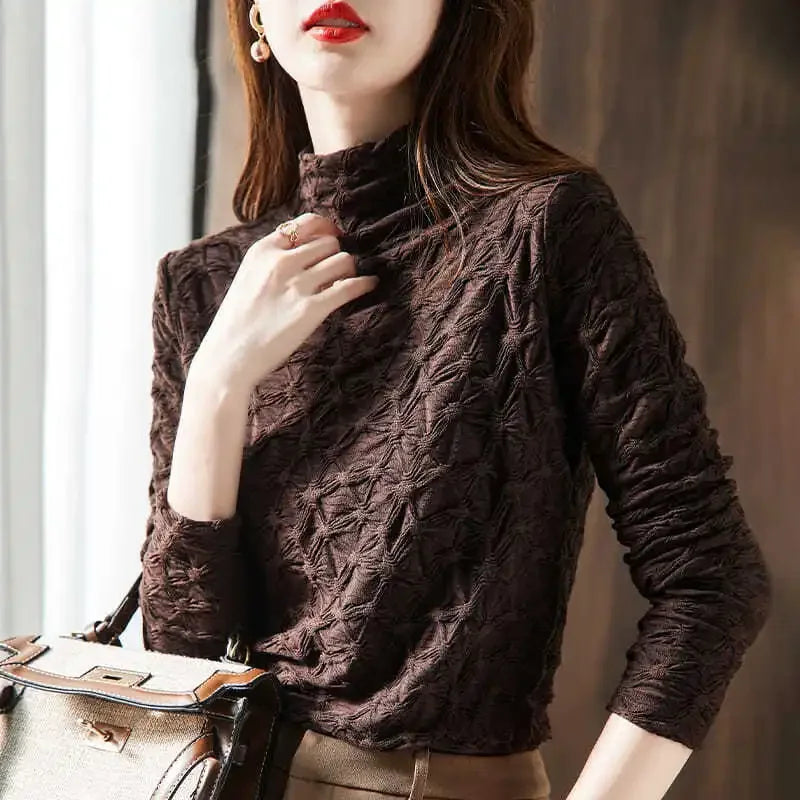 🍒 Long sleeve top textured turtle neck knitted shirt for women with sleeves chic sryle clothing Yk2  fashion smart casual clothes
