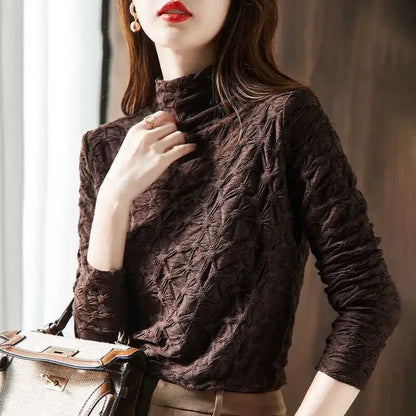 🍒 Long sleeve top textured turtle neck knitted shirt for women with sleeves chic sryle clothing Yk2  fashion smart casual clothes
