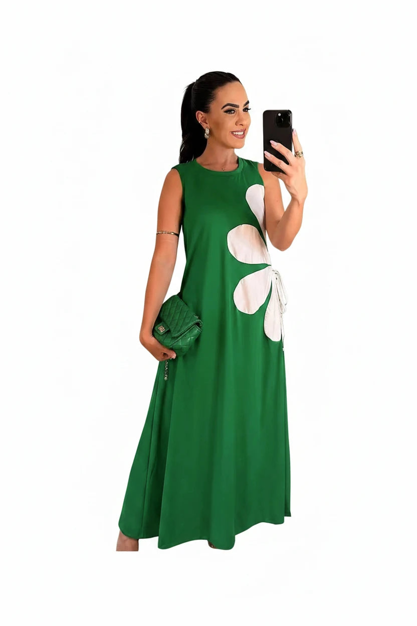 🍒Floral placement dress sleeveless summer fashion for women floral outfit printed waist hollow out maxi dress female casual wear holiday wear beach party clothing Sleeveless Back zipper vacation wear  Be A flower Girl On The Side