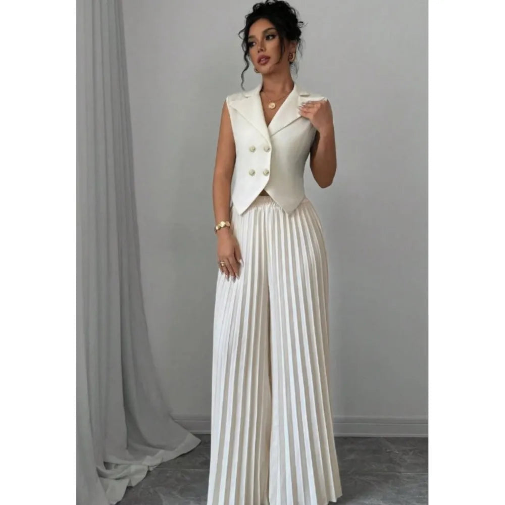 🍒Womens vest outfits cropped waistcoat plus trousers two piece set formal spring summer fashion retro wide-leg pleated pants and slimming sleeveless cropped vest occasion wear  smart casual Invest In A Vest Set