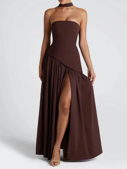 🍒Strapless high slit dress sleeveless design backless long summer dress black and white outfit women contrast evening wear party gowns Smashing Slash