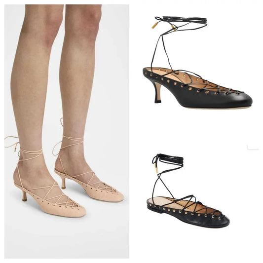 🍒Cross tie shoe round toe sandals open back  european and american niche light luxury cross tie round toe roman Sandals women's ballet shoes with medium heel shoes smart casual footwear for occasion party footwear Tick This Tie cross