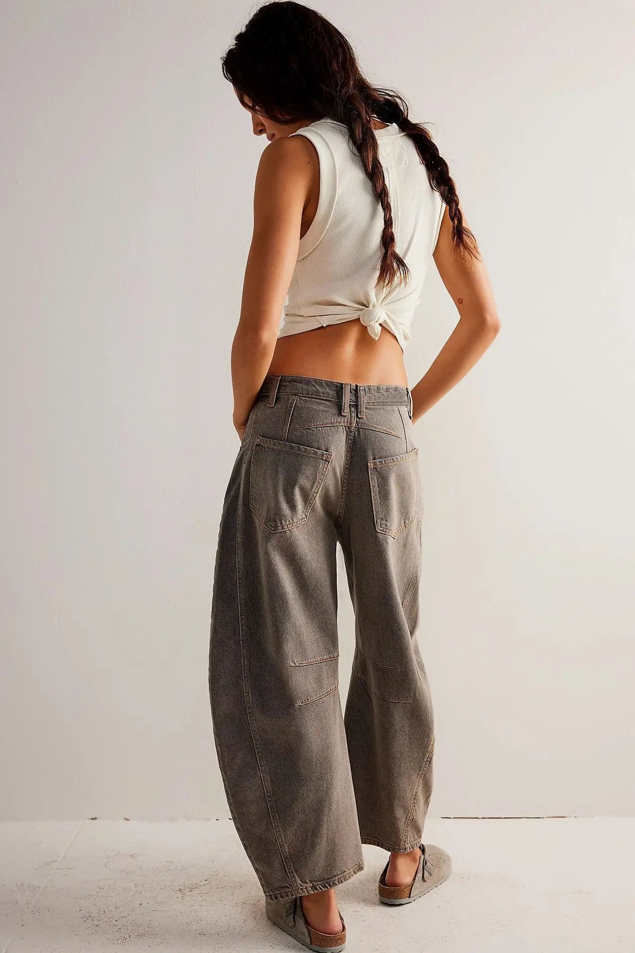 🍒Loose mid waist Jeans bleached denim style full length pants fashion solid colour trousers with pockets casual wear for women Barrels Of Style
